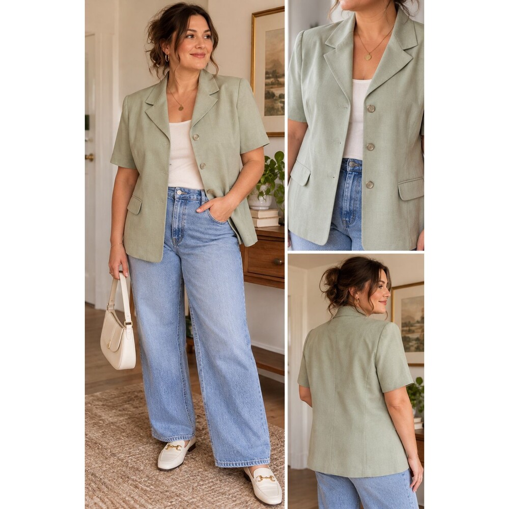 Vintage Alfred Dunner Blazer 16W Sage Green Short Sleeve Made USA 90s